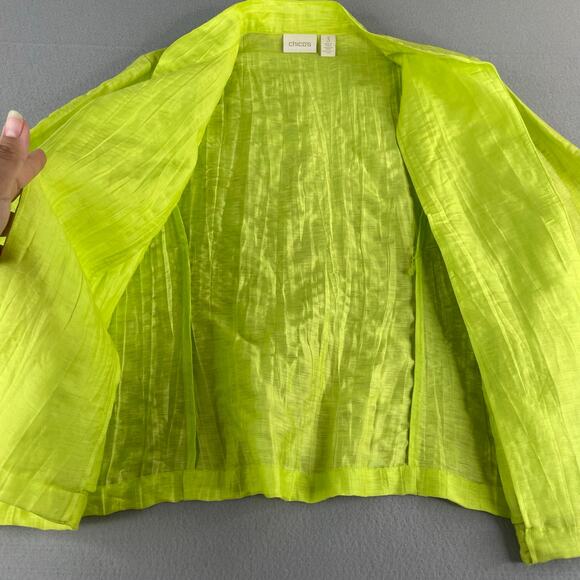 Chico's Lime Green Linen Blend Crinkle Embroidered Open Jacket Women's 3 (XL/16) - Picture 7 of 15